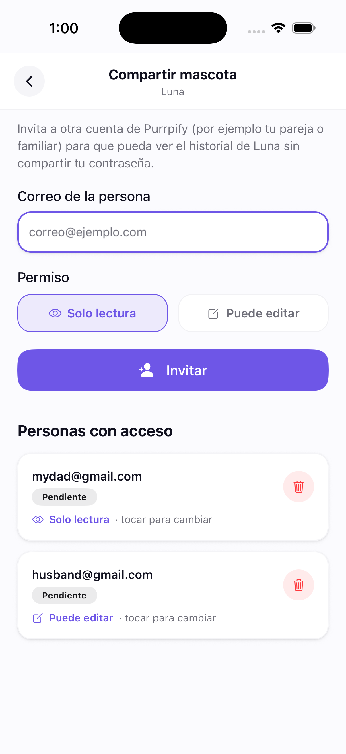 Captura de pantalla de Purrpify — paso 4.0 Comparte